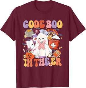 Code Boo In The ER Emergency Room Nurse Boo Halloween T-Shirt - T-Shirt | Maroon