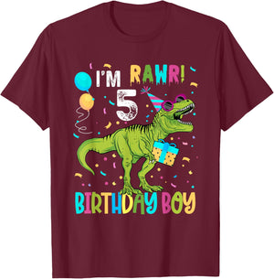 Birthday Boy 5 Years Old 5th Cute Rex Family Dinosaur Squad T-Shirt - T-Shirt | Maroon