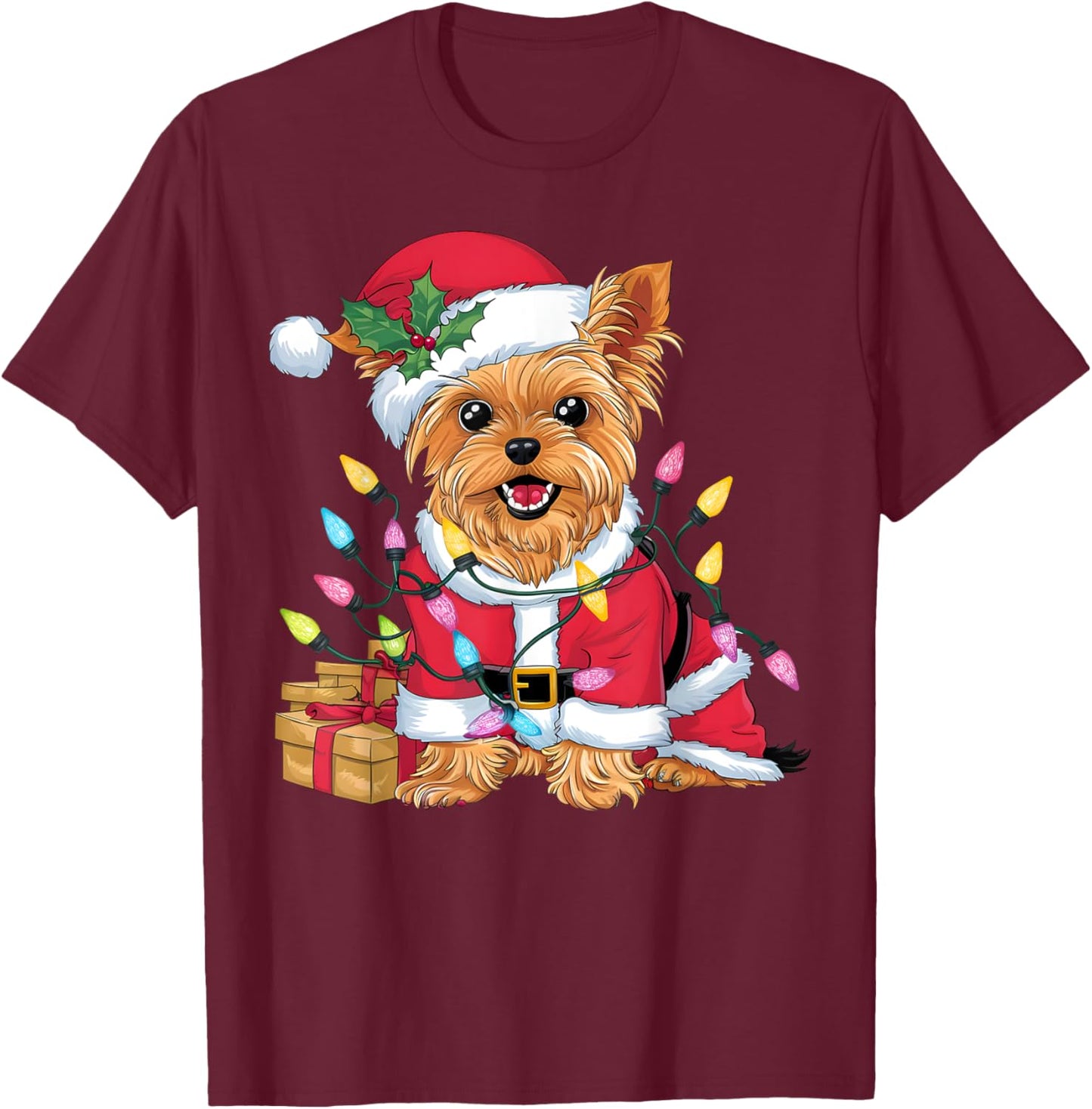 Family Xmas Lighting Santa Yorkie Dog Christmas T-Shirt - T-Shirt | Maroon