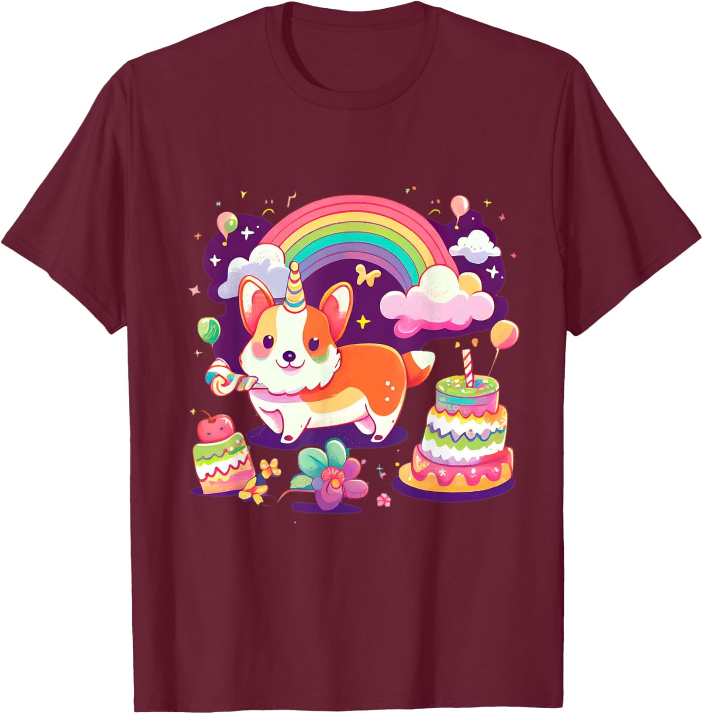 Corgi Unicorn Rainbow Cake T-Shirt - T-Shirt | Maroon