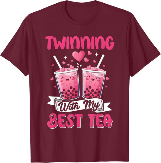 Twinning with My Bestie Boba Tea Cute Spirit Week Twin Day T-Shirt - T-Shirt | Maroon