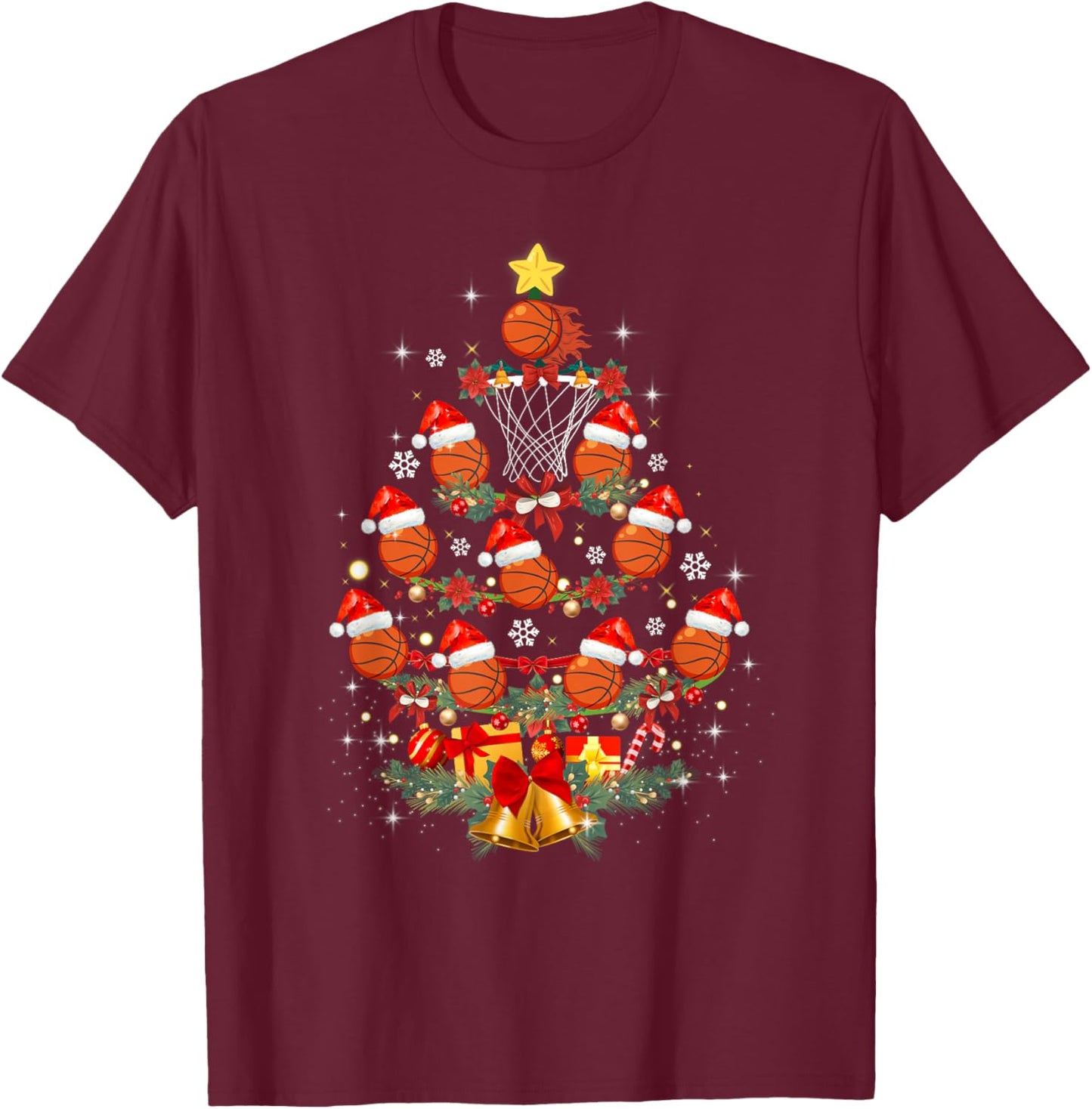 Basketball Christmas Tree Xmas Santa Sports Kids T-Shirt - T-Shirt | Maroon