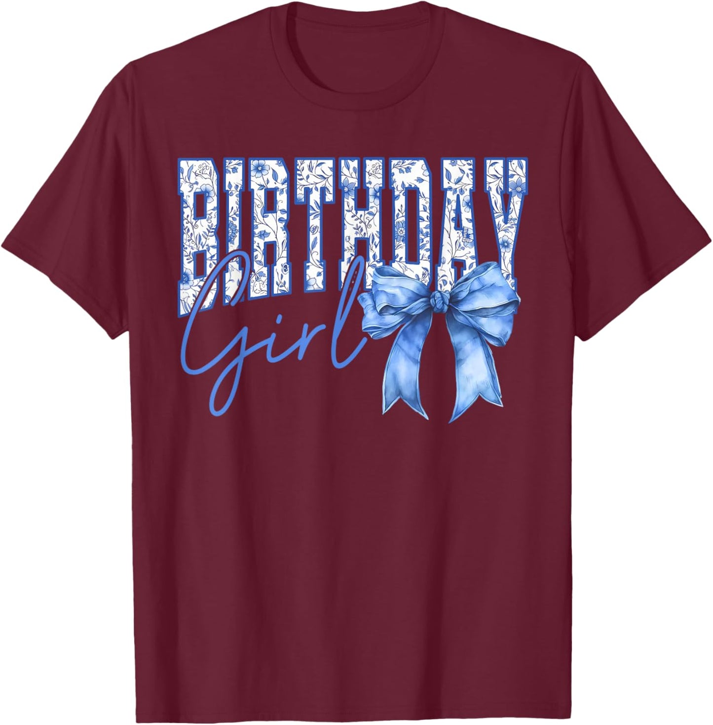Birthday Girl Coquette Blue Toile Bow Girly Aesthetic Kids T-Shirt - T-Shirt | Maroon