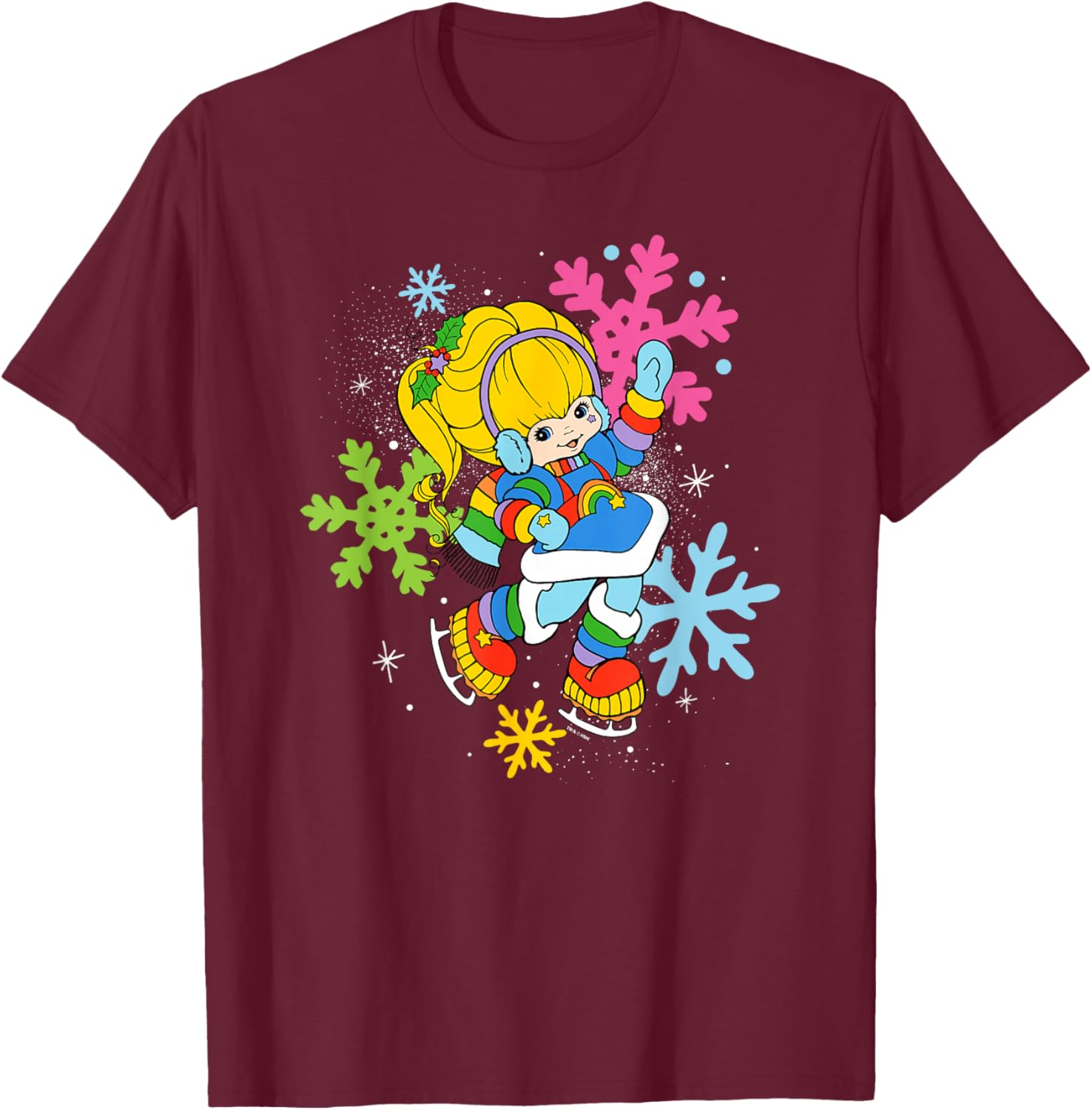 Rainbow Brite Christmas Colorful Snowflakes Portrait T-Shirt - T-Shirt | Maroon