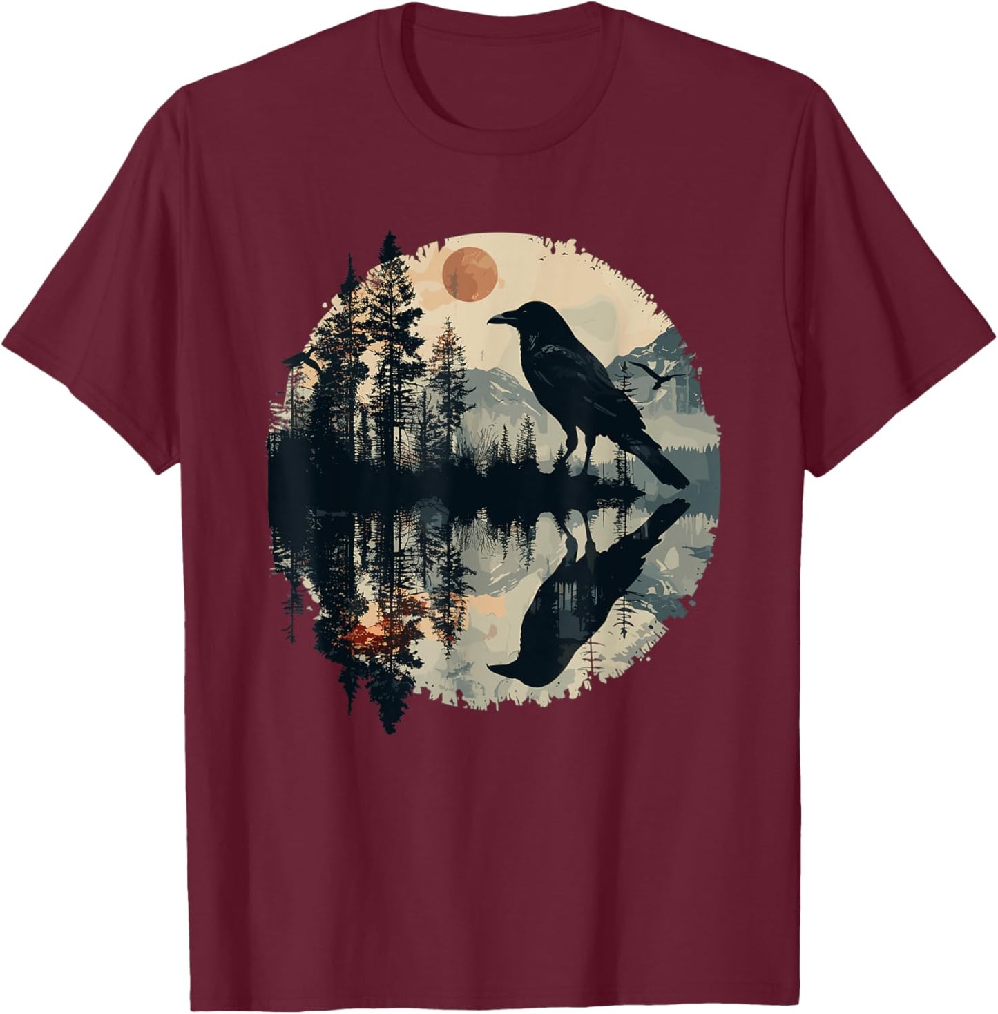 Black Raven Reflection Crow Nature Art T-Shirt - T-Shirt | Maroon