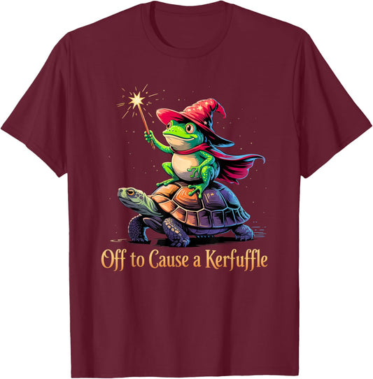 Off to Cause A Kerfuffle - Funny Meme Whimsical Frog Wizard T-Shirt - T-Shirt | Maroon
