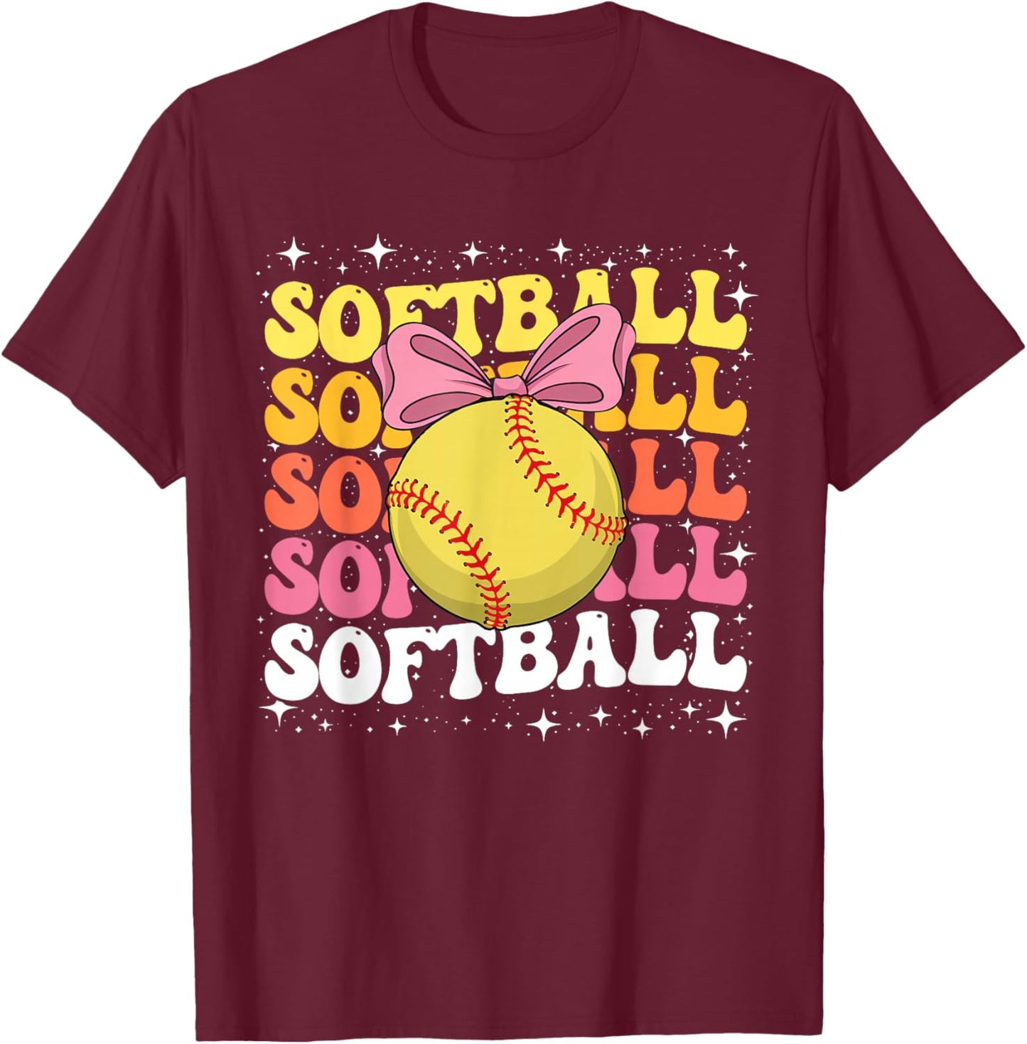 Groovy Softball Coquette Bow Softball Lover Mom T-Shirt - T-Shirt | Maroon