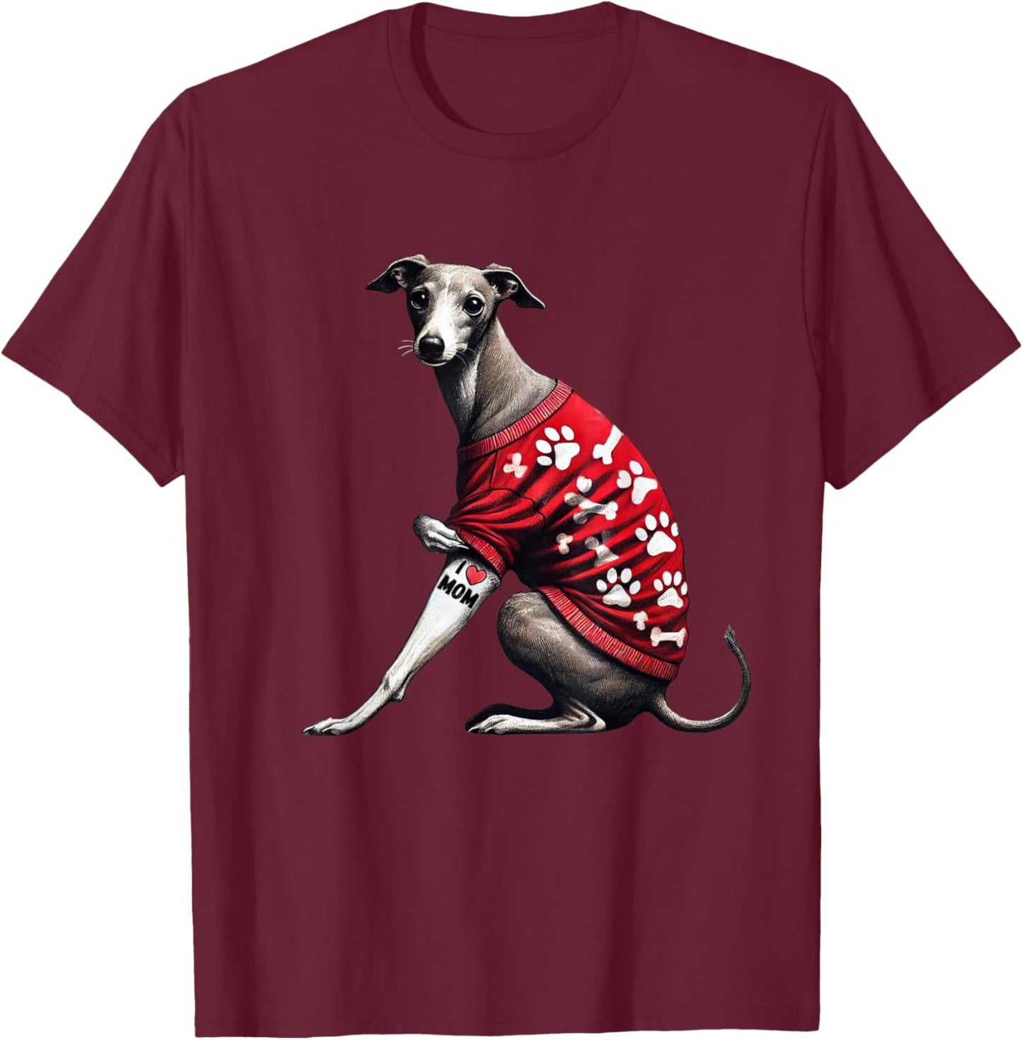 Funny I Love Mom Tattoo Italian Greyhound Mom T-Shirt - T-Shirt | Maroon