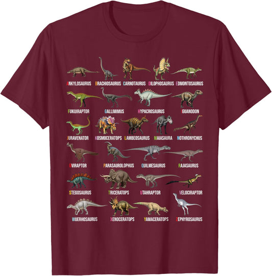 Dinosaur Alphabet A to Z - Educational Dino Chart for Kids T-Shirt - T-Shirt | Maroon