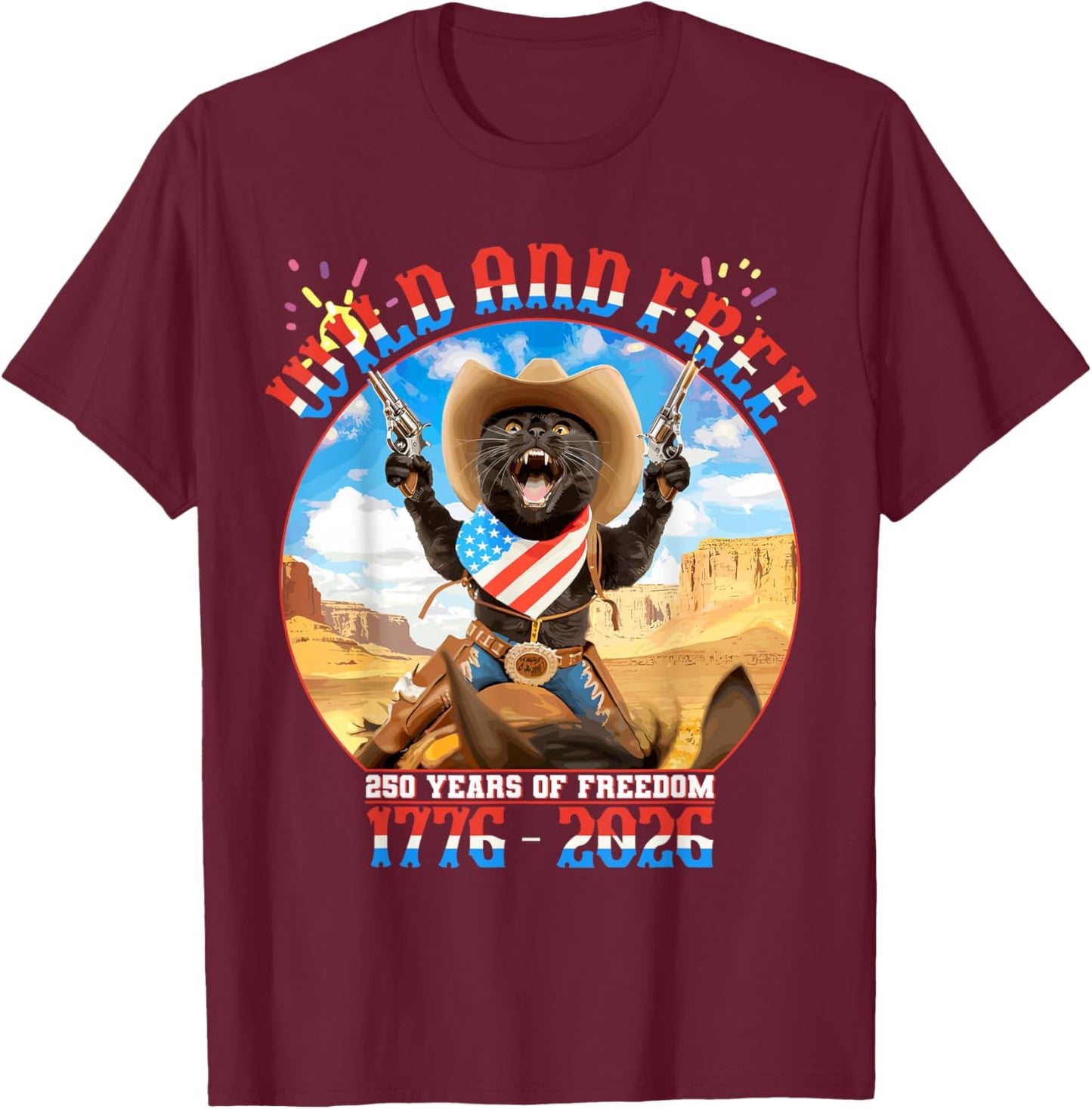 Patriotic Black Cat 250 Years of Freedom 1776 2026 T-Shirt - T-Shirt | Maroon