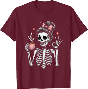 Messy Bun Drinking Coffee Skeleton Tired Mom T-Shirt - T-Shirt | Maroon