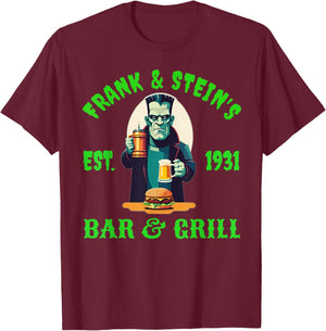 Frank and Steins Bar and Grill Frankenstein Funny Halloween T-Shirt - T-Shirt | Maroon