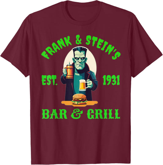 Frank and Steins Bar and Grill Frankenstein Funny Halloween T-Shirt - T-Shirt | Maroon