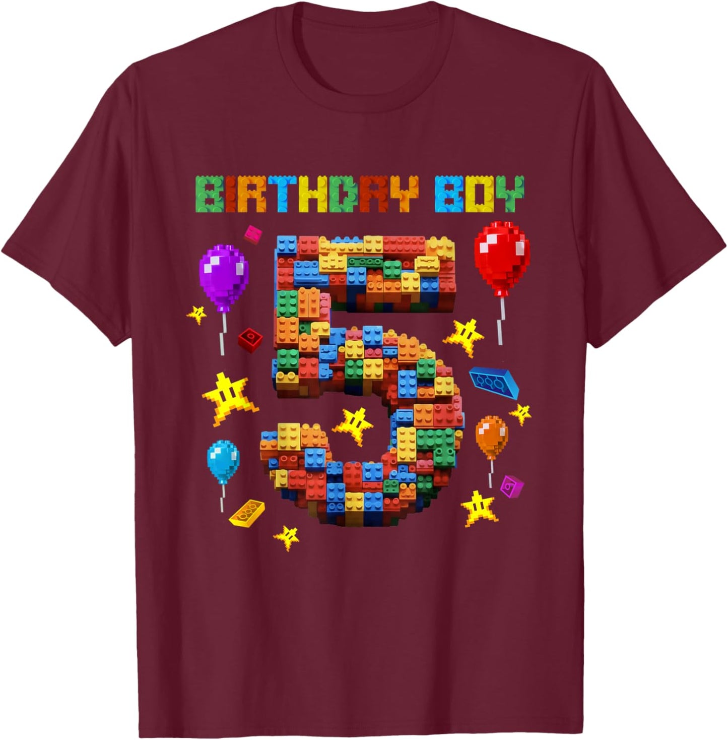 5 Year Old Blocks Building Master Builder 5th Birthday Boy T-Shirt - T-Shirt | Maroon