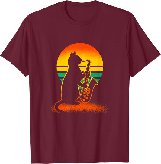 Jazz Cat Sunset - Funny Saxophone Music Lover T-Shirt - T-Shirt | Maroon