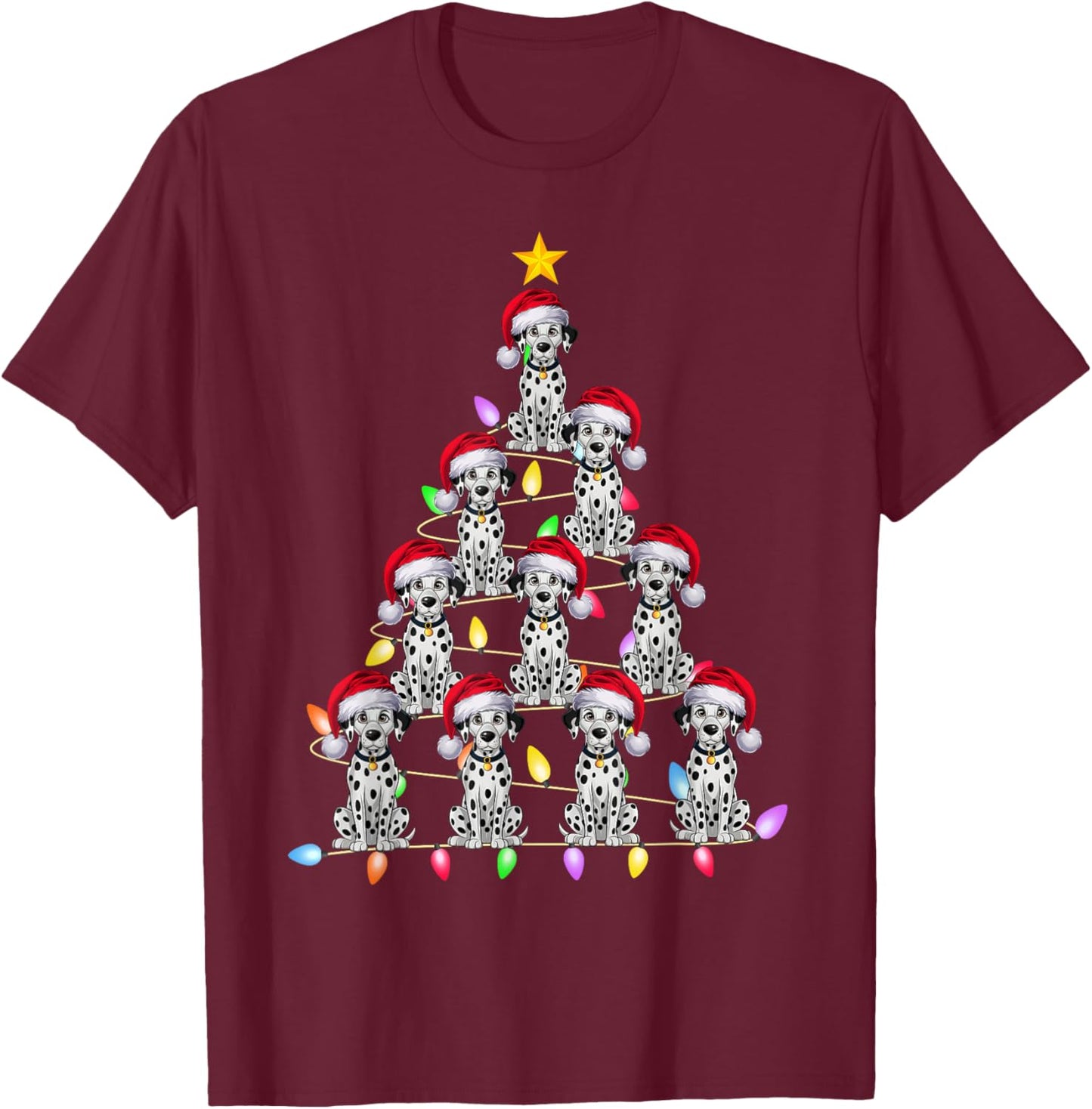 Christmas Tree Lights Men Women Santa Dalmatian Dog Xmas PJs T-Shirt - T-Shirt | Maroon