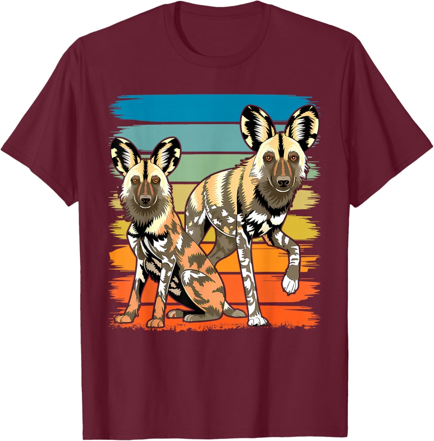 African Painted Wild Dogs Sunset Moon Wild Dog Lovers Design T-Shirt - T-Shirt | Maroon