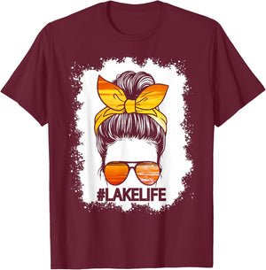 Lake Life Messy Bun Hair Girl Retro Lake Summer T-Shirt - T-Shirt | Maroon