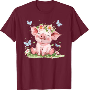 Cute Pig with Flowers I Kids Pig T-Shirt - T-Shirt | Maroon