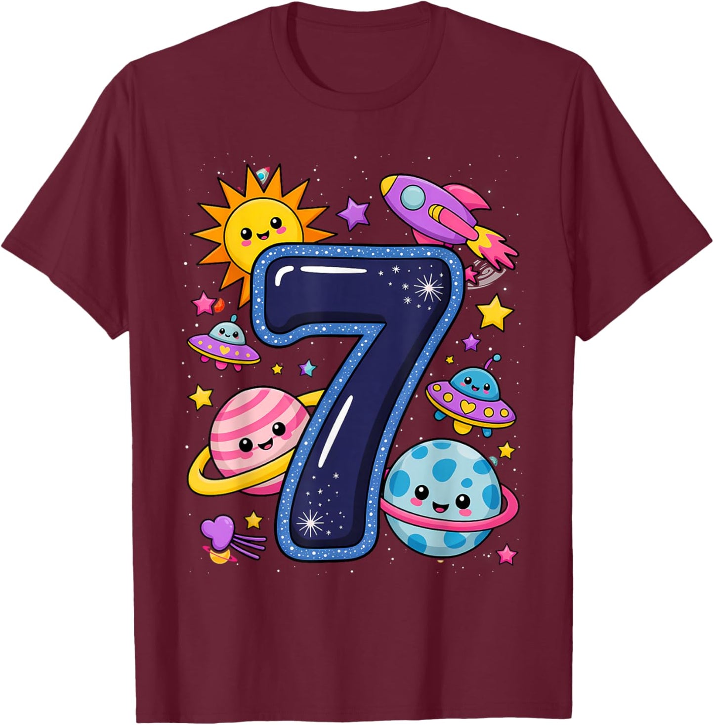 Outer Space 7 Year Old 7th Birthday Girl Party Theme T-Shirt - T-Shirt | Maroon