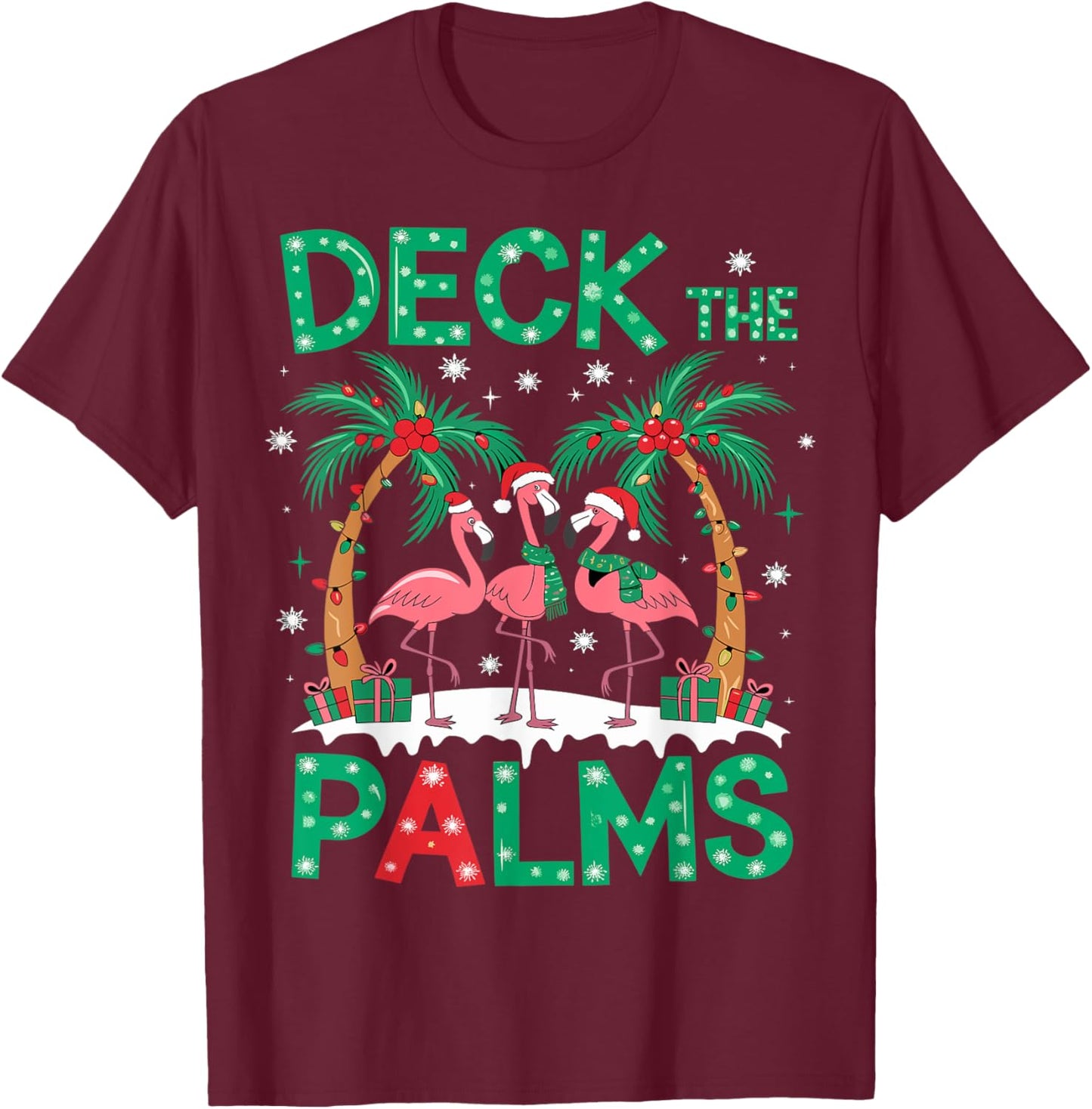 Deck the Palms Flamingo Tropical Christmas Lights Palm Tree T-Shirt - T-Shirt | Maroon