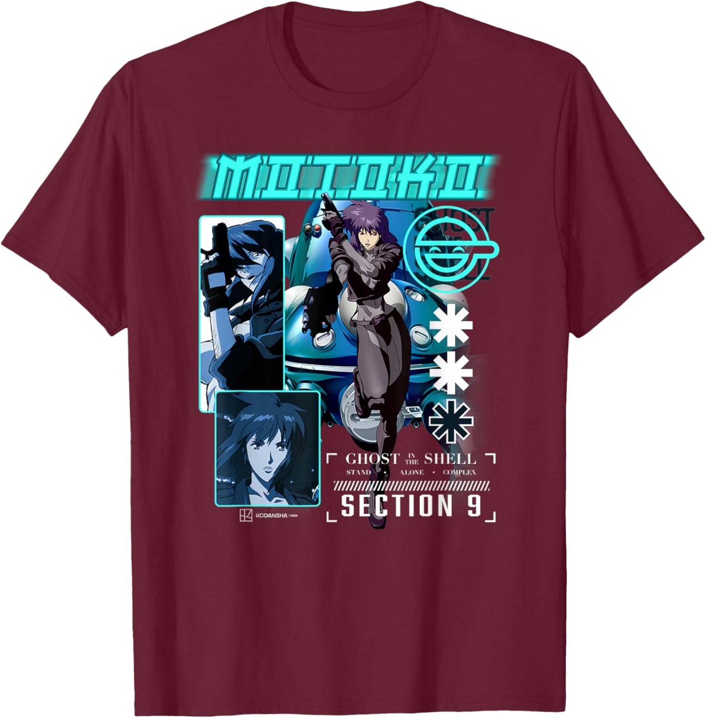 Ghost in the Shell Stand Alone Complex Section 9 Motoko Shot , Black, S T-Shirt - T-Shirt | Maroon