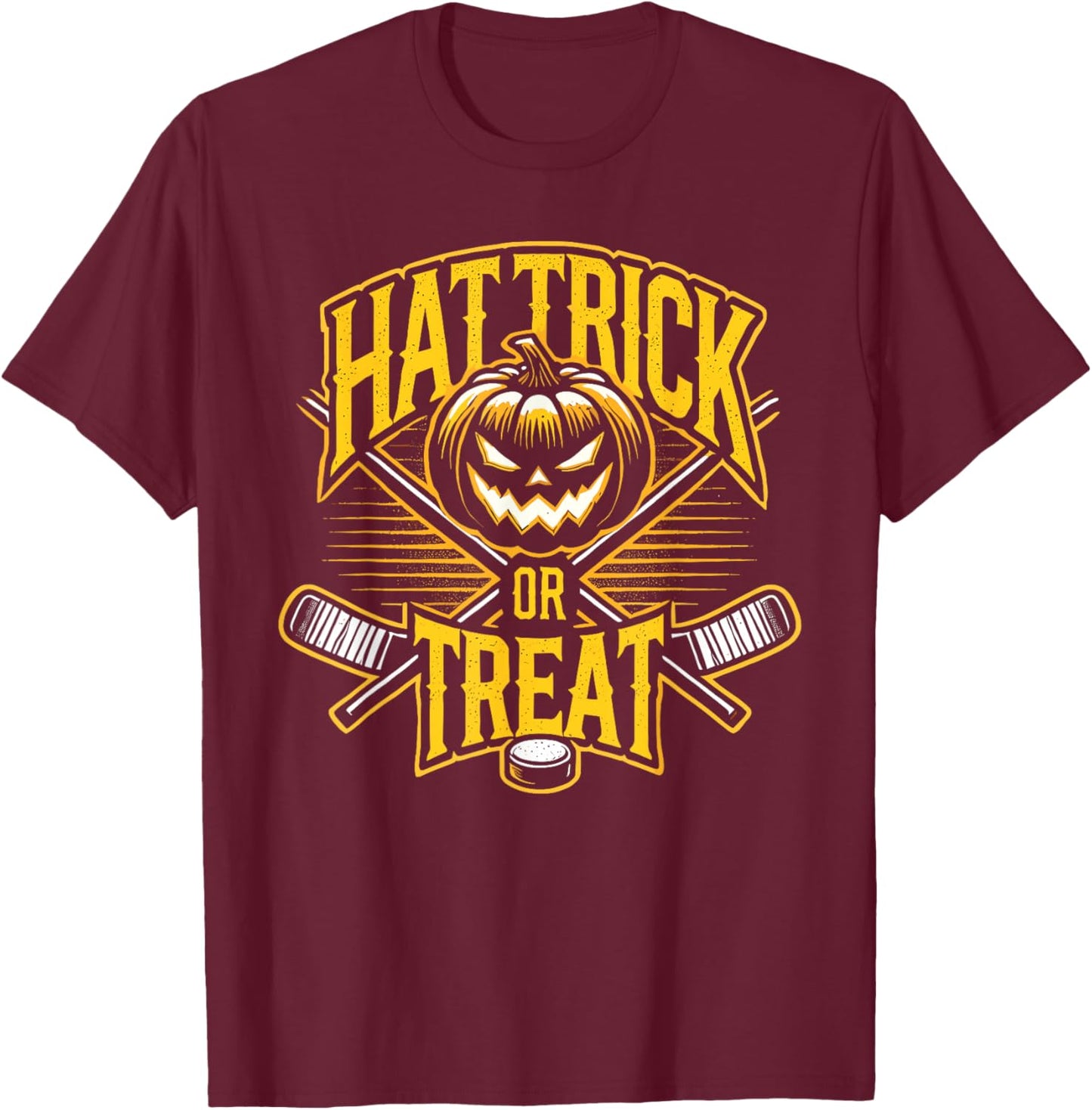 Hat Trick Or Treat Ice Hockey Halloween Fun T-Shirt - T-Shirt | Maroon
