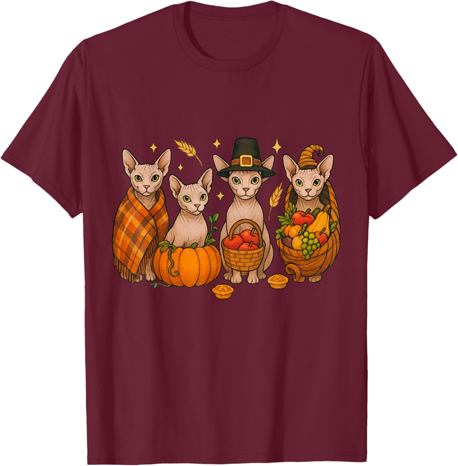 Thanksgiving Sphynx Cat Autumn Harvest Cozy Fall Design T-Shirt - T-Shirt | Maroon