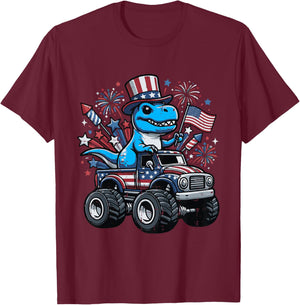 Kids 4th of July Dino On Monster Truck Trex Patriotic Boys Kids T-Shirt - T-Shirt | Maroon