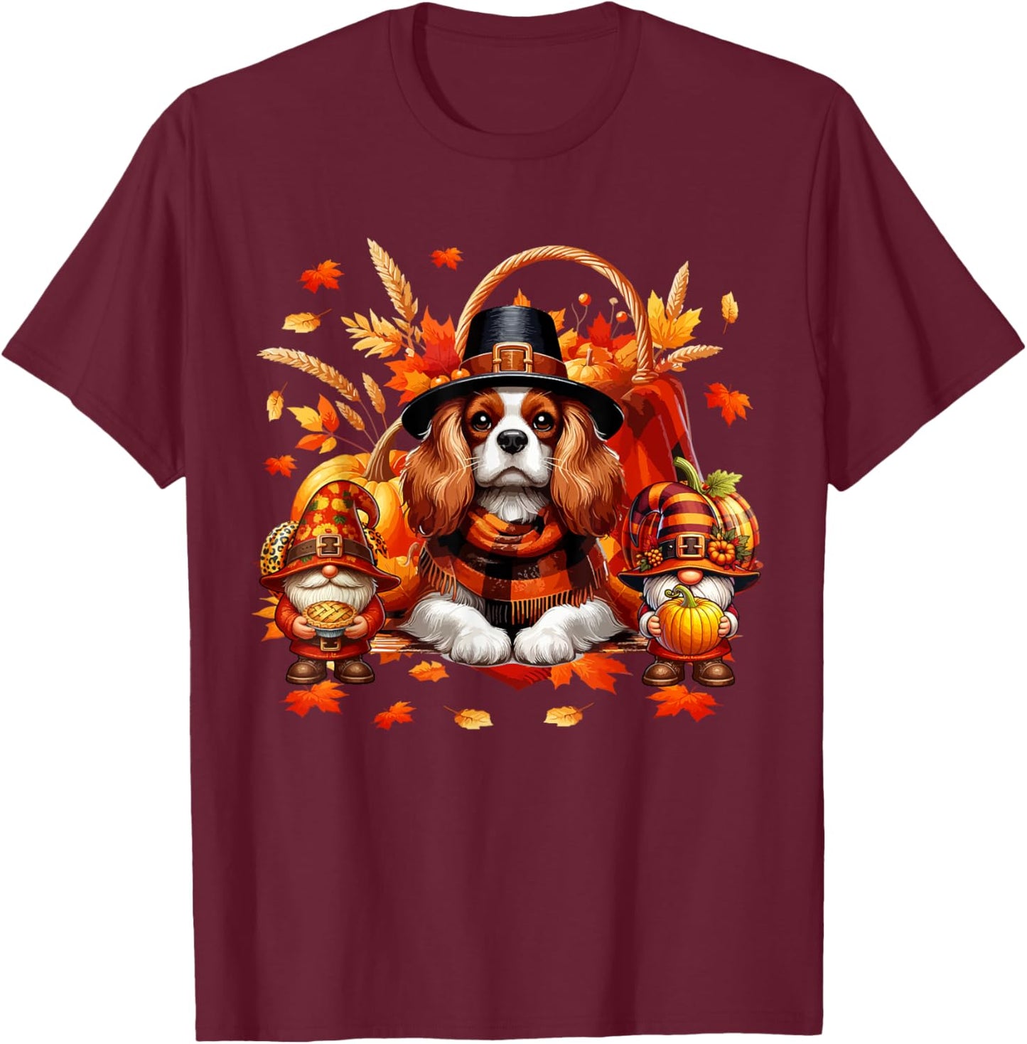 Thanksgiving Cavalier King Charles Spaniel With Gnomes Fall T-Shirt - T-Shirt | Maroon