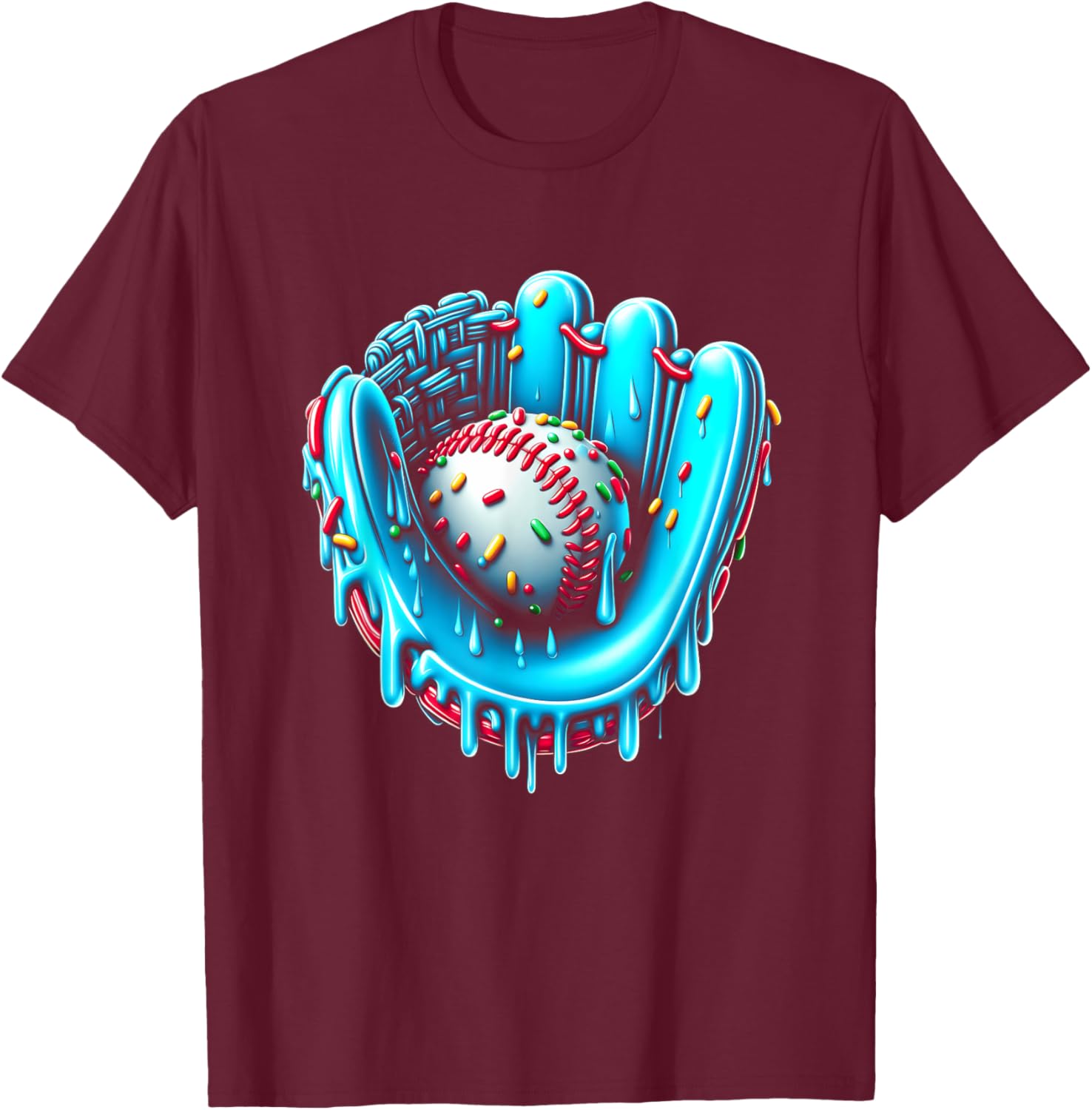 Ice Cream Drip Baseball Bat With SprinklesDrip Cone Glove T-Shirt - T-Shirt | Maroon