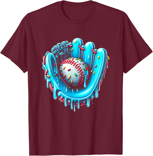 Ice Cream Drip Baseball Bat With SprinklesDrip Cone Glove T-Shirt - T-Shirt | Maroon