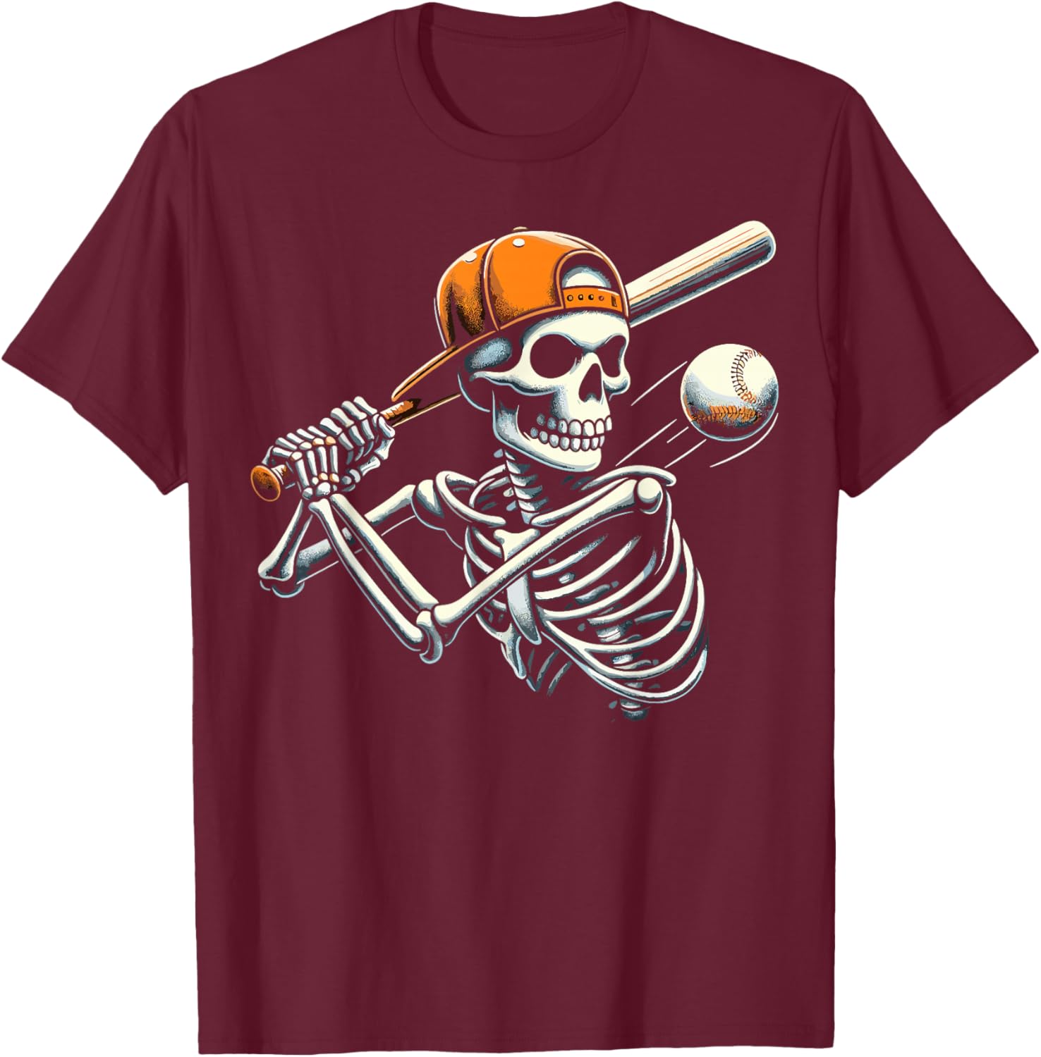 Halloween Boys Batting Skeleton Baseball T-Shirt - T-Shirt | Maroon