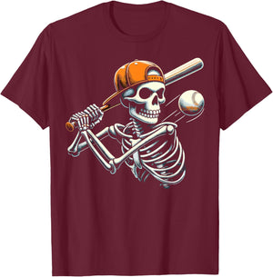 Halloween Boys Batting Skeleton Baseball T-Shirt - T-Shirt | Maroon