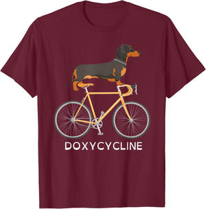Dachshund on Bicycle Doxycycline Pharmacy Pun Dog Pharmacist Women T-Shirt - T-Shirt | Maroon