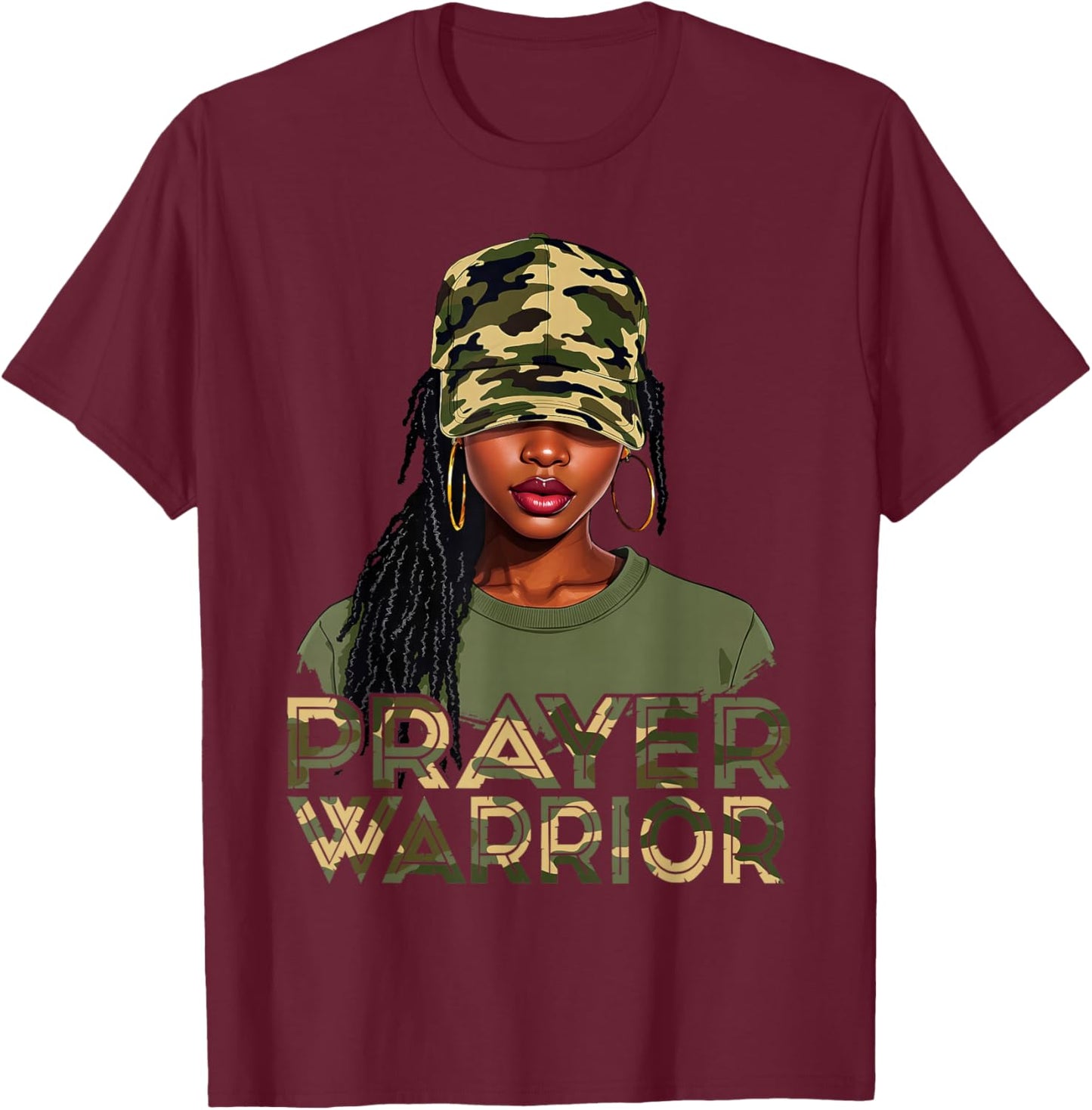 Camo Hat Prayer Warrior God Jesus Christian Black Girl Women T-Shirt - T-Shirt | Maroon