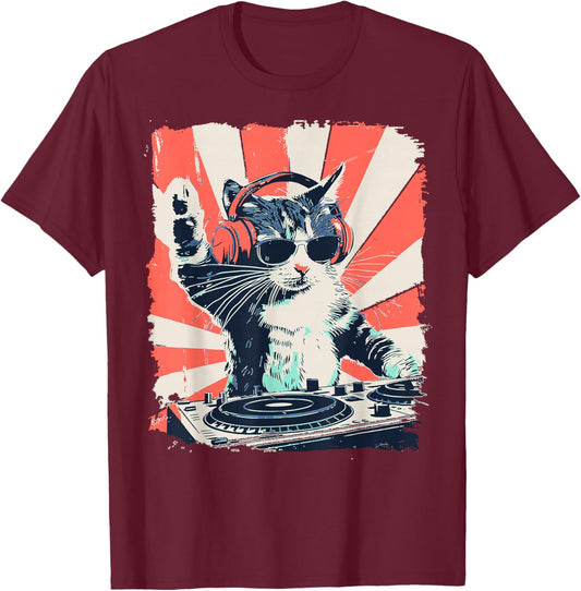 Funny DJ Cat with Headphones Retro Music Lover Art T-Shirt - T-Shirt | Maroon