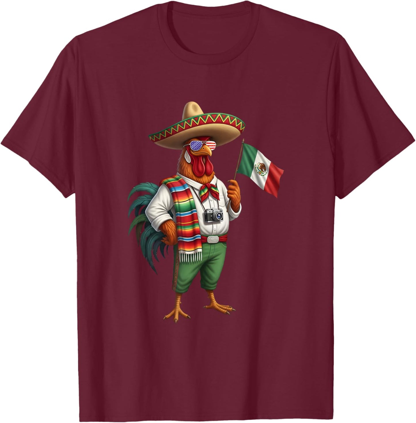 Mexican Rooster Chicken Mexico Flag American Sunglasses T-Shirt - T-Shirt | Maroon