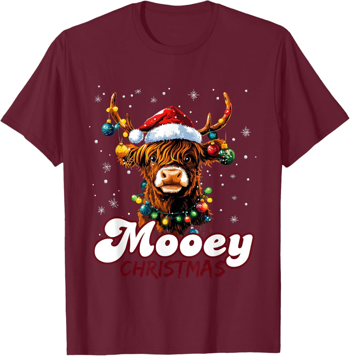 Mooey Christmas Highland Cow with Santa Hat and Xmas Lights T-Shirt - T-Shirt | Maroon