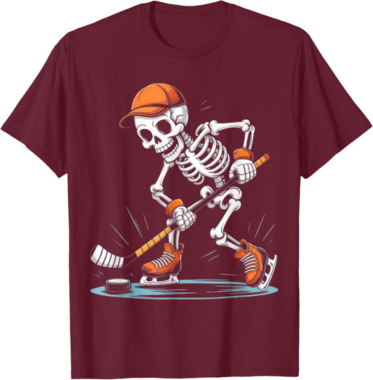 Skeleton Ice Hockey Halloween Costume Men Boys Kids T-Shirt - T-Shirt | Maroon