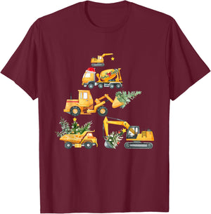 Christmas Excavator Construction Truck Xmas Tree Boys Kids T-Shirt - T-Shirt | Maroon