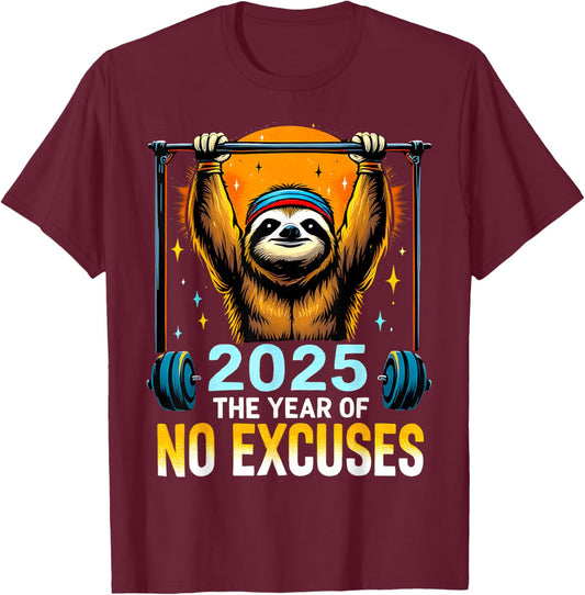 2025 Resolution Funny Fitness Workout Gym Sloth Weight Loss T-Shirt - T-Shirt | Maroon