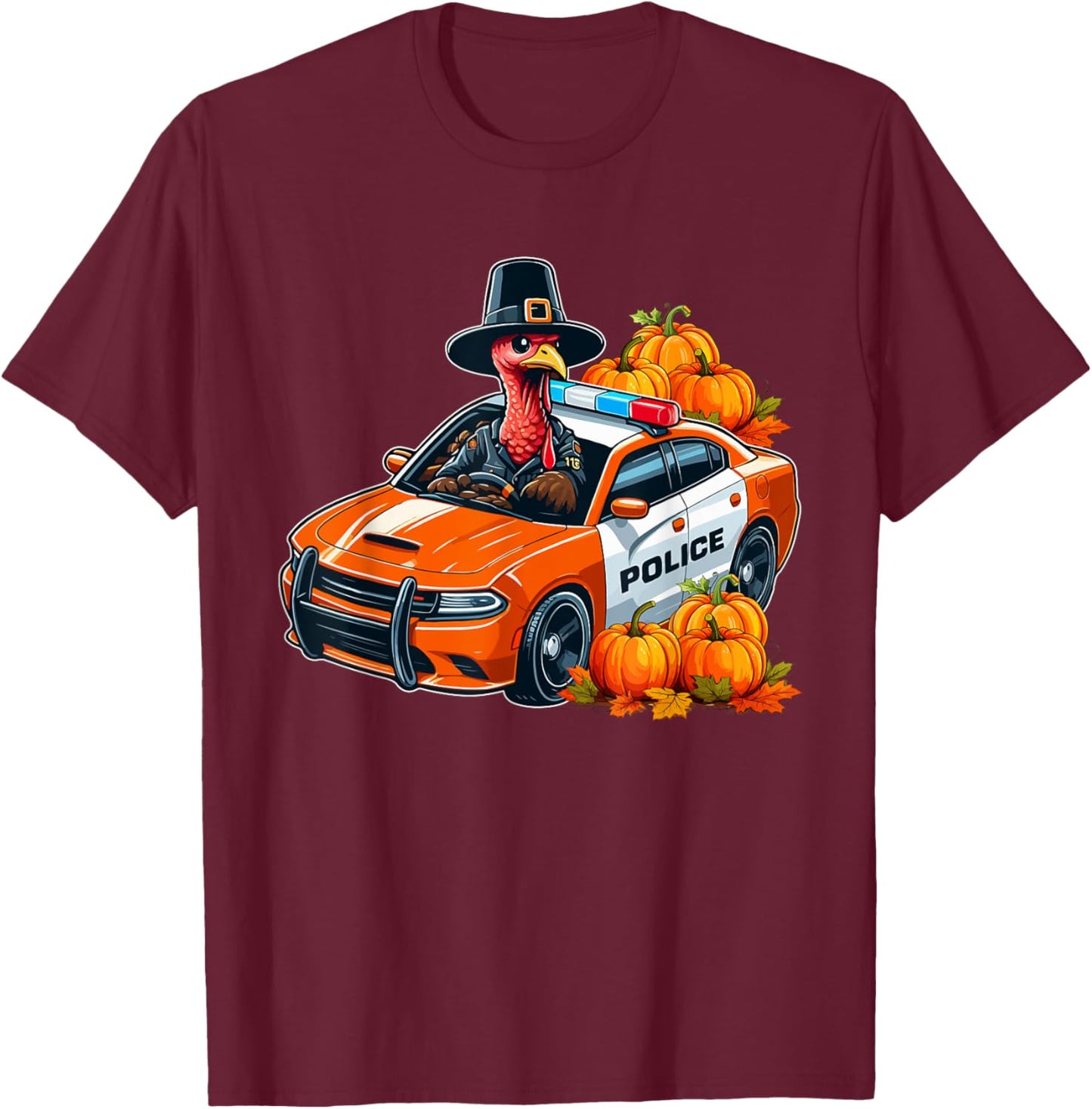 Turkey Driving Police Car Thanksgiving Driver Fall Pumpkins T-Shirt - T-Shirt | Maroon