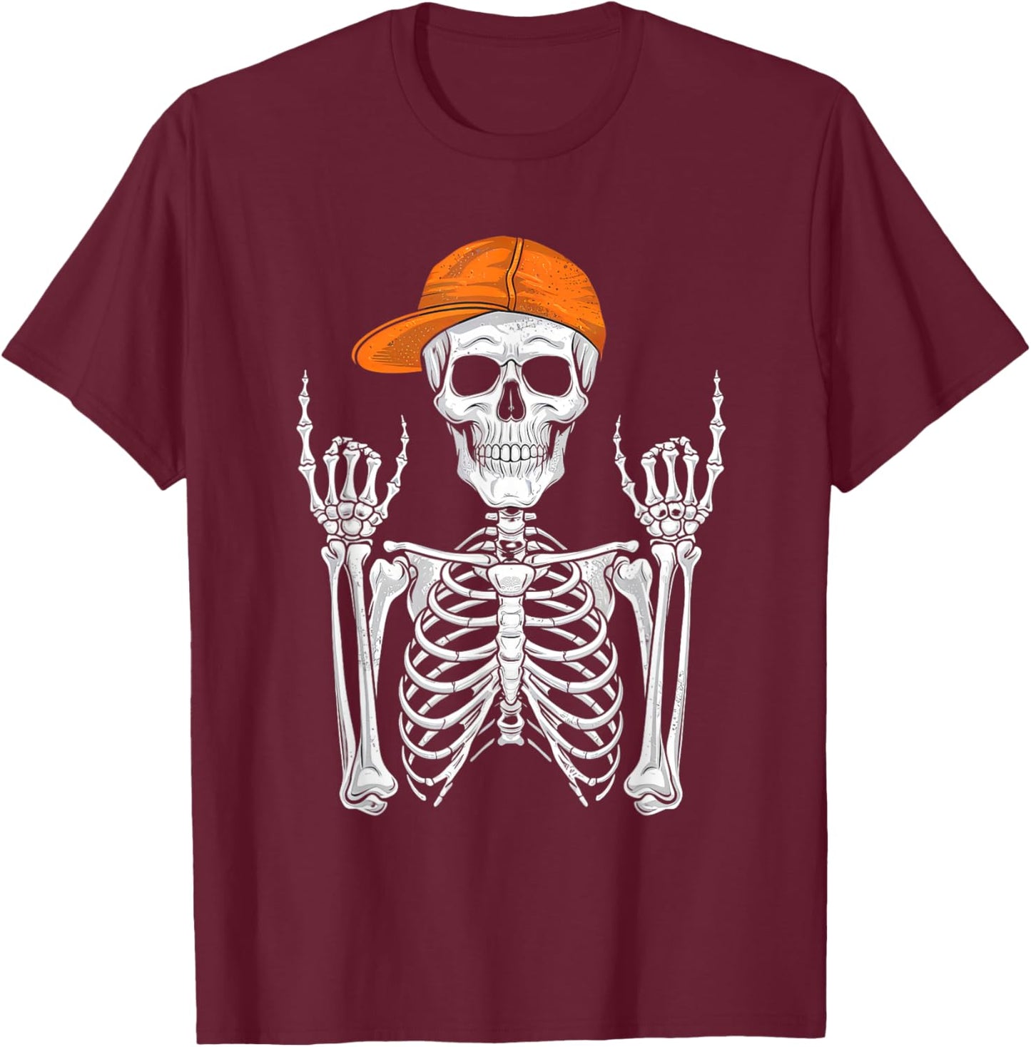 Rocker Skeleton Cap Skater Cool Halloween Punk Rock Men Boys T-Shirt - T-Shirt | Maroon