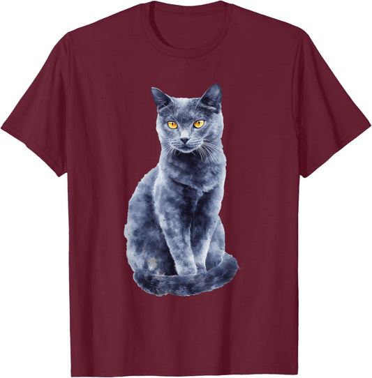 Grey Cat Yellow Eyes Artistic Feline Lover Design T-Shirt - T-Shirt | Maroon