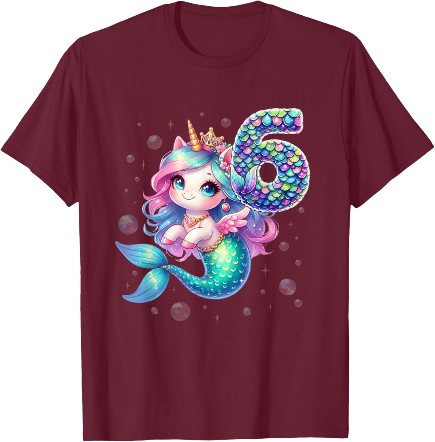 Unicorn Mermaid 6th Birthday 6 Year Old Party Girls Outfit T-Shirt - T-Shirt | Maroon