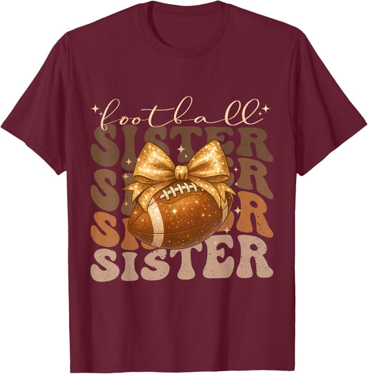 Retro Cute Groovy Coquette Bow for Birthday Football Sister T-Shirt - T-Shirt | Maroon