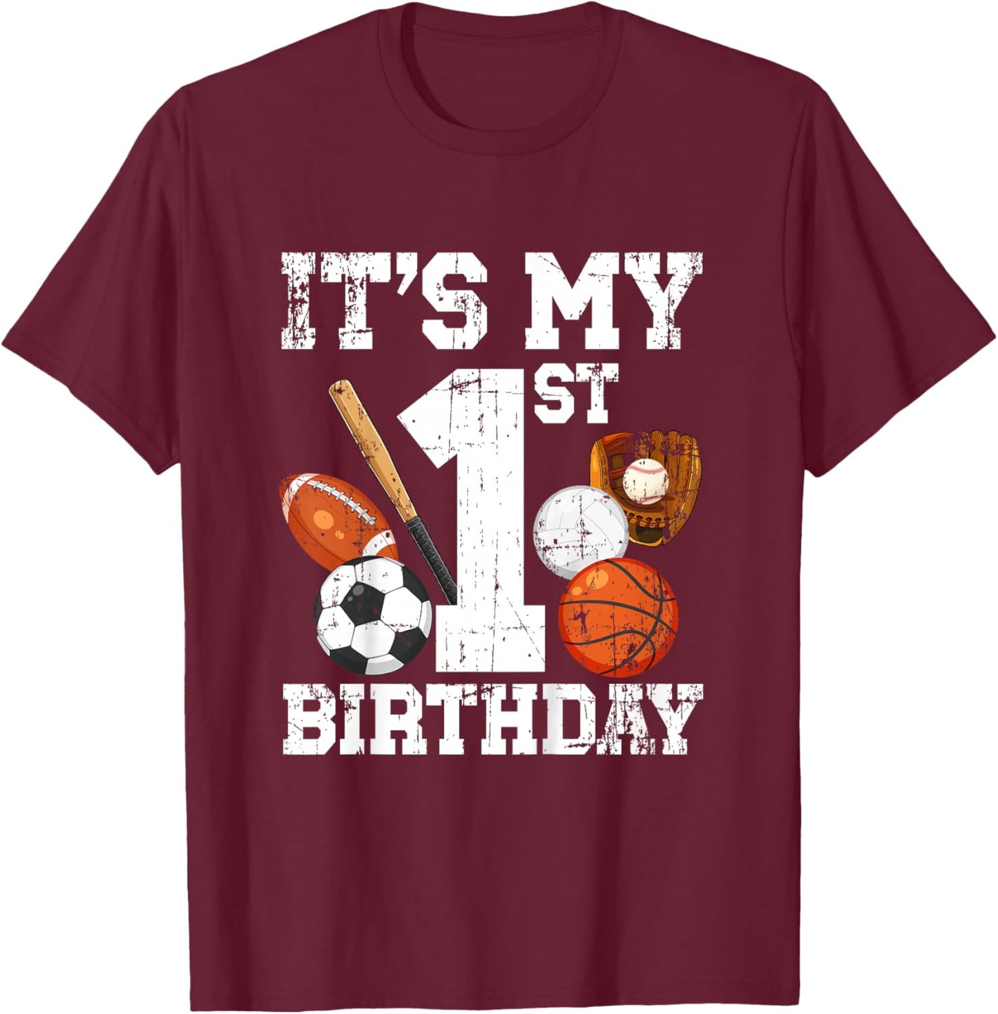 Kids 1st Birthday Sports Birthday Party One Year Old Boy Birthday T-Shirt - T-Shirt | Maroon