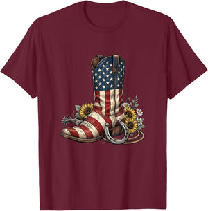 Western Cowboy Boot Sunflower American Flag 4th of July T-Shirt - T-Shirt | Maroon