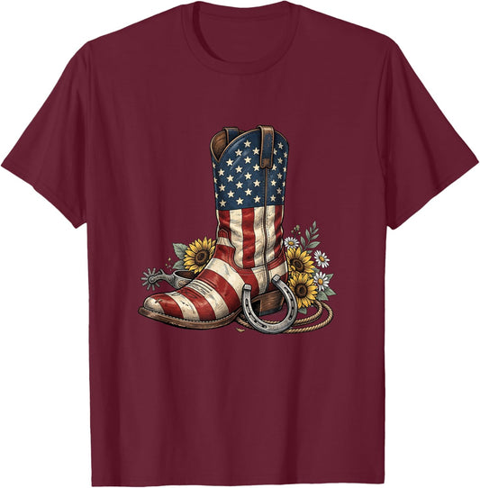 Western Cowboy Boot Sunflower American Flag 4th of July T-Shirt - T-Shirt | Maroon